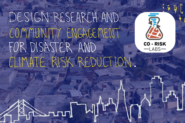 graphic of a town overlaid with the words 'DESIGN RESEARCH AND COMMUNITY ENGAGEMENT FOR DISASTER AND CLIMATE RISK REDUCTION' and a logo that resembles a test tube constructed with arrows